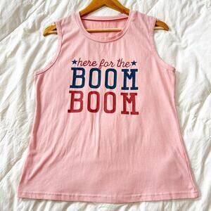 Pink Graphic Tank Top “Here for the Boom Boom” Sleeveless Shirt Size M